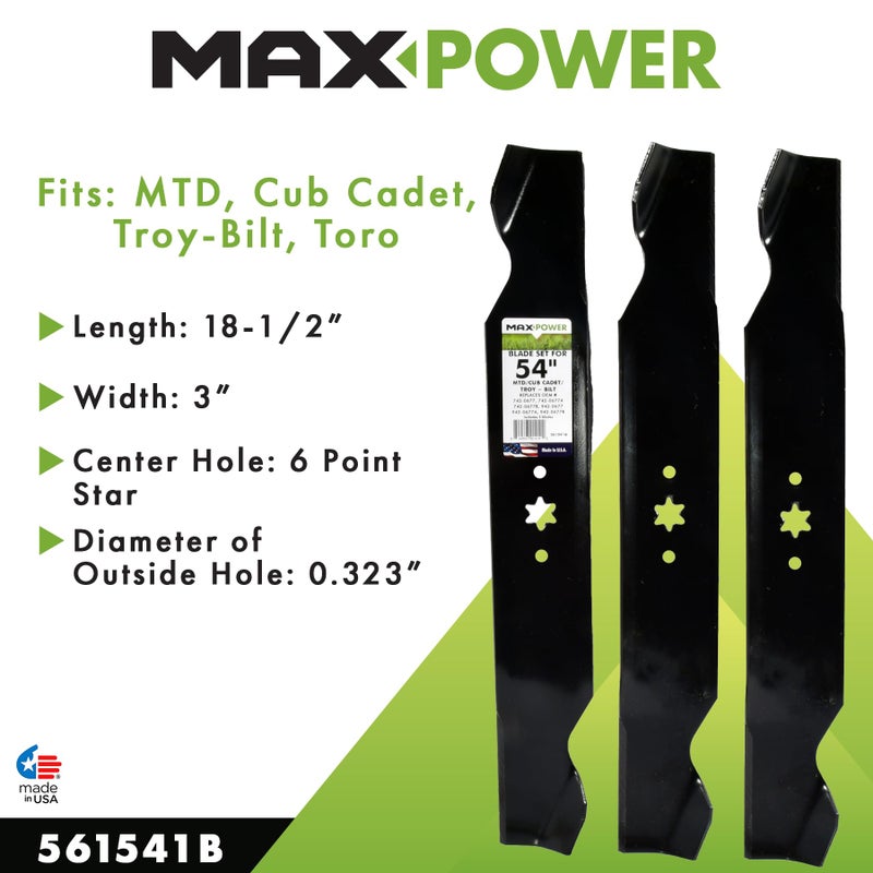 Maxpower مجموعة شفرات MaxPower 561541B 3 لقص 54 بوصة لجزازات MTD وCub Cadet وTroy-Bilt، بديل لأرقام OEM #'s 742-0677B و7420677 و942-0677 و942-0677A و942-0677B - Image 2